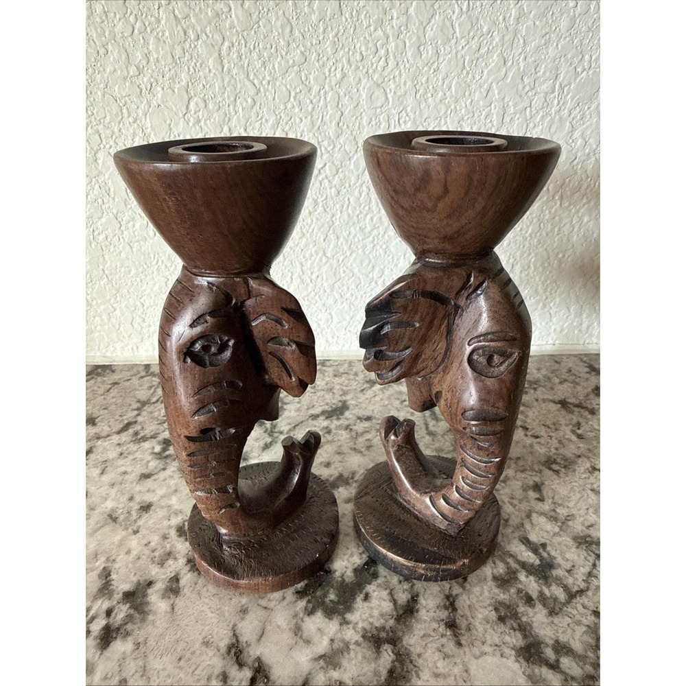 Pair of Vtg Hand Carved Elephant Trunk Primitive Folk Art Wooden Candle Holders